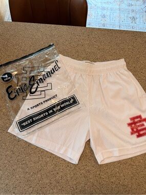 NWT-Eric Emanuel White Mesh Athletic Shorts with Red Logo - Valentines.